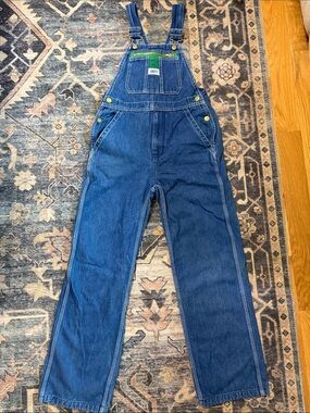 Liberty Blue Denim Overalls with Green Trim and Gold Hardware